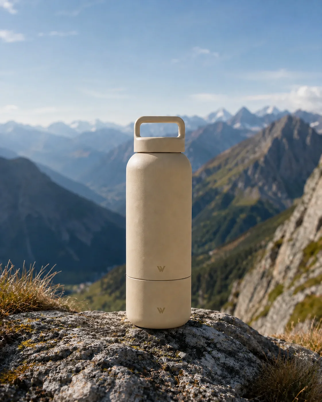Oat ViraVie bottle overlooking an alpine valley