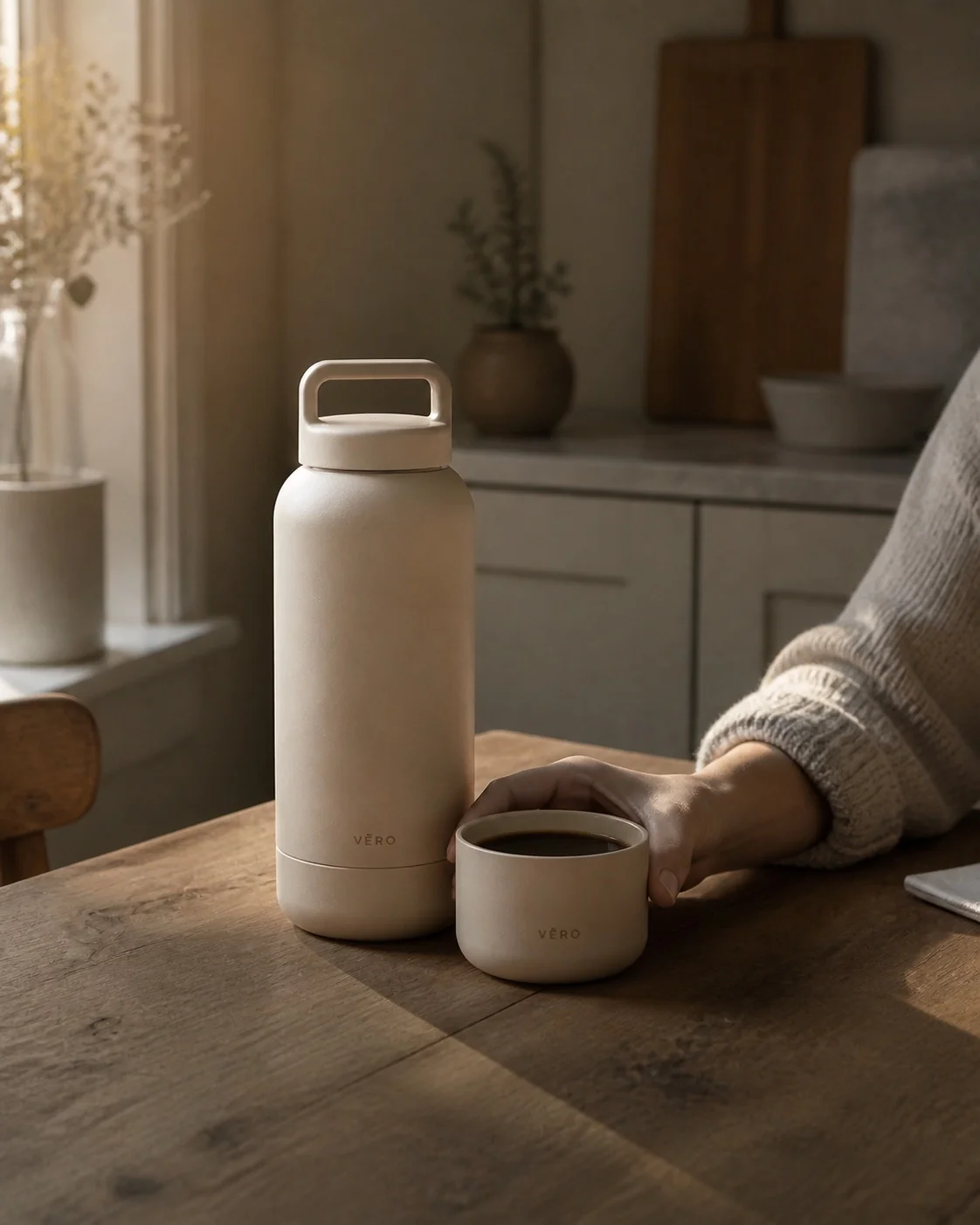 Oat ViraVie bottle and detachable coffee cup in a quiet morning kitchen
